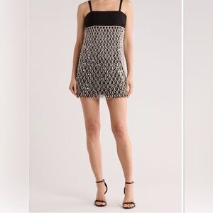 Black Mini Dress with White Crochet Overlay and Thin Straps